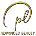 Logotipo elegante con las iniciales PL en caligrafía dorada sobre fondo negro y el texto Advanced Beauty debajo