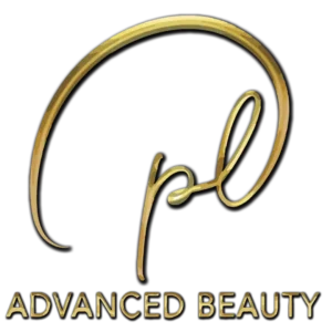 Logotipo elegante con las iniciales PL en caligrafía dorada sobre fondo negro y el texto Advanced Beauty debajo
