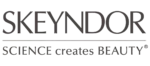 Logotipo de la marca SKEYNDOR en gris oscuro sobre fondo negro, con el eslogan 'SCIENCE creates BEAUTY' y símbolo ®.