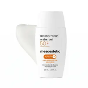 Protector solar ligero Mesoprotech water veil Protector solar facial Mesoprotech Water Veil 50+ de Mesoestetic en envase blanco de 50ml con textura gel ultraligera