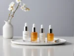 Cuatro frascos de sérums faciales con cuentagotas sobre una bandeja blanca junto a un jarrón con flores blancas