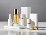 Envases de lujo para cosméticos: frascos blancos, dorados y de cristal sobre pedestales blancos con reflejos.