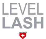 Logotipo gris con el texto LEVEL LASH sobre el sello Swiss Made con una cruz blanca en un escudo rojo