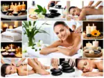 Collage de imágenes de spa con masajes de piedras calientes, velas aromáticas, toallas blancas y flores de lirio, evocando relajación y bienestar.