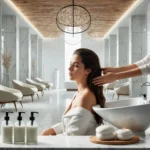 Mujer joven con albornoz blanco recibiendo un tratamiento capilar en un lujoso salón de belleza moderno con techos de madera y paredes de mármol.