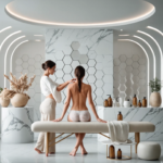 Esteticista aplicando tratamiento corporal a una clienta en un centro de belleza de lujo con paredes de mármol