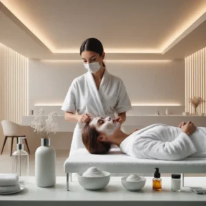 Esteticista aplicando mascarilla facial profesional a clienta en cabina de Pepa López. Tratamiento facial rejuvenecedor con productos de alta calidad.