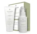 Dos productos Tegoder Cosmetics Lipoglaucin: crema corporal correctora en tubo y concentrado en botella, junto a su caja verde.