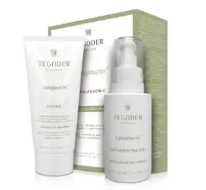Dos productos Tegoder Cosmetics Lipoglaucin: crema corporal correctora en tubo y concentrado en botella, junto a su caja verde.