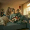 Familia feliz abriendo un regalo de cuidado personal en un salón luminoso. Padre, madre e hijo sonríen con entusiasmo.