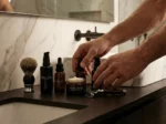 Set de cosmética masculina Pepa López con crema, sérums y brocha de afeitar sobre encimera de mármol