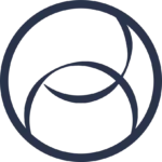 Logotipo abstracto de Bioline Jatò, con formas circulares y curvas entrelazadas en azul oscuro sobre un fondo negro, evocando fluidez y armonía para la belleza avanzada.