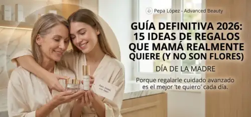 Madre e hija sonrientes con batas de seda beige sosteniendo productos de cuidado facial en un baño moderno y luminoso