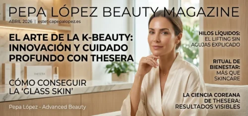 Portada de revista digital de belleza con una mujer elegante en bata blanca y productos de cosmética coreana THESERA