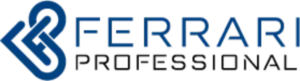 Logotipo corporativo en color azul oscuro con el texto FERRARI y un isotipo geométrico a la izquierda
